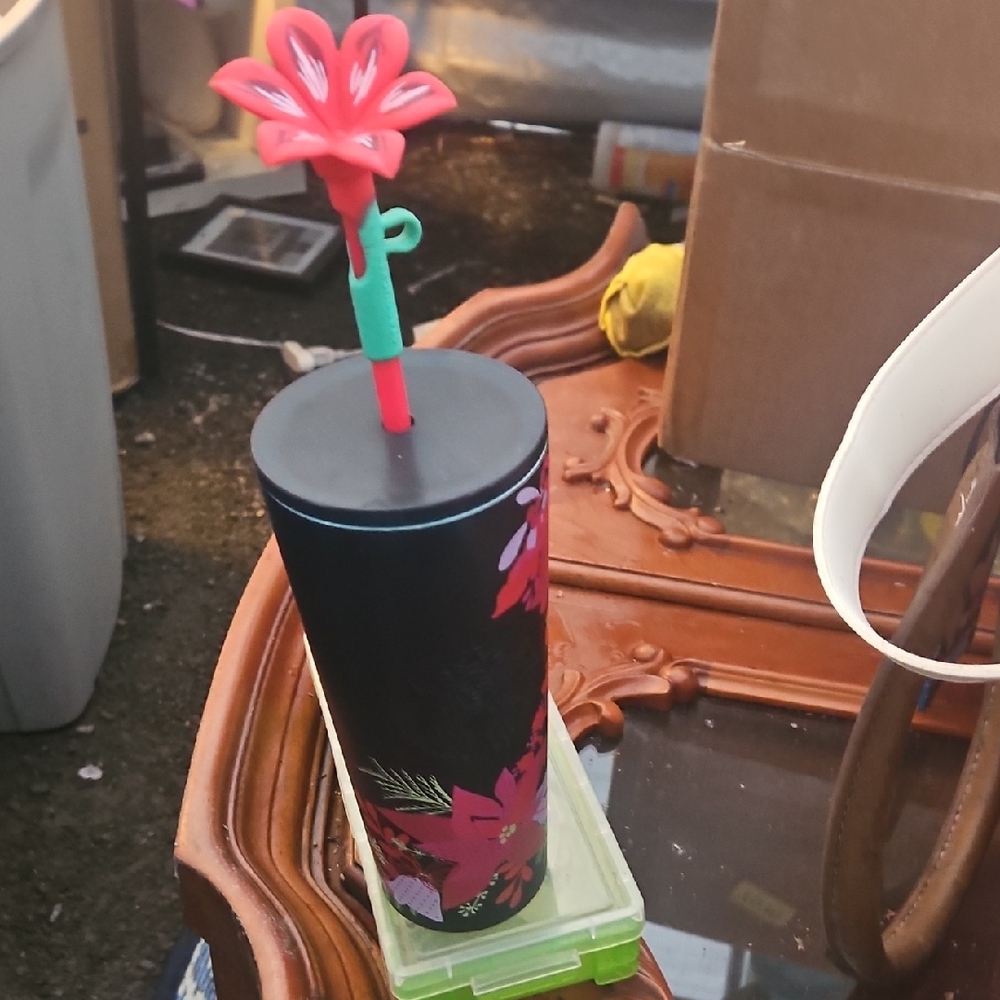 2021 Starbucks Floral Black Tumbler with Red Flower Accent